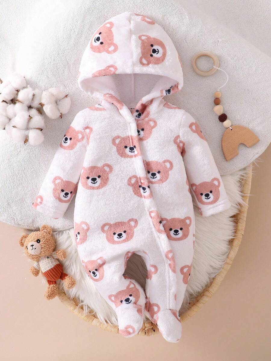 Bộ đồ ngủ liền thân tay dài bằng vải lông cừu mềm mại họa tiết gấu dễ thương màu mơ cho bé sơ sinh - Màu be - Xem 1