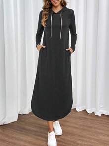 Flexra 长袖简约长款连帽休闲连衣裙，日常休闲长款女装 - 黑色 - 查看 4