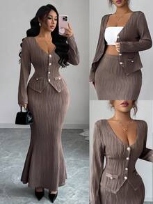 Elenzga 秋冬新款复古Y2K坏女孩波浪纹理套装，珍珠纽扣开衫V领T恤修身款+松紧腰鱼尾裙，两件套，独立日斯德哥尔摩风格棕色 - 棕色 - 查看 6