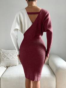 EMERY ROSE 女款秋冬拼色蝙蝠袖腰部金属链条装饰修身优雅针织连衣裙 - 酒紅色 - 查看 2