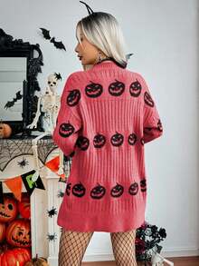 Áo khoác len cardigan dài tay trễ vai họa tiết bí ngô Halloween thời trang thu đông cho nữ - Màu Hồng Tươi - Xem 2