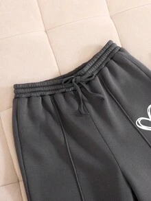 少女秋冬季保暖休闲时尚校园街头风运动卫衣外套，饰有涂鸦和爱心印花，拉链针织拼接短款连帽衫，搭配同款宽松直筒运动裤，两件套，深灰色返校套装 - 深灰色 - 查看 6