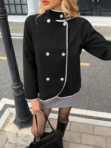 Chiquease Best-Selling French Retro Coat: Black Short Tweed Coat With White Contrast Trim, Standing Collar, Double-Breasted Buttons, Raglan Sleeves And Faux Pockets. Slim And Elegant, It's Perfect For The Office And Suitable For Various Occasions. A Versatile And Stylish Outerwear For Women In Autumn And Winter. - Black - View 6