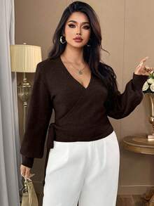 Auvina 1 Áo len cardigan dệt kim tay dài buộc dây phía trước thanh lịch cỡ lớn dành cho nữ, phù hợp cho mùa thu/đông - Cà phê nâu - Xem 1