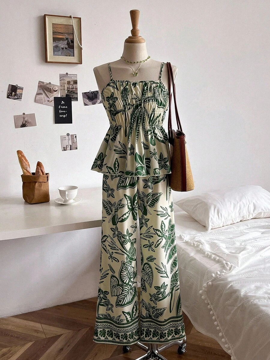 Girls Striped Bow Camisole Top And Straight Leg Pants Summer Vacation Outfit - Green - View 1