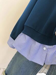 INAWLY 女式休闲宽松条纹衬衫领口号印花长袖运动衫，秋季 - 水鴨藍 - 查看 5