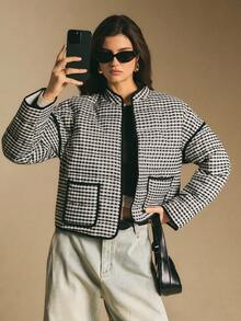 Poéselle 女式格子落肩长袖休闲宽松冬季夹克 - 黑與白 - 查看 6