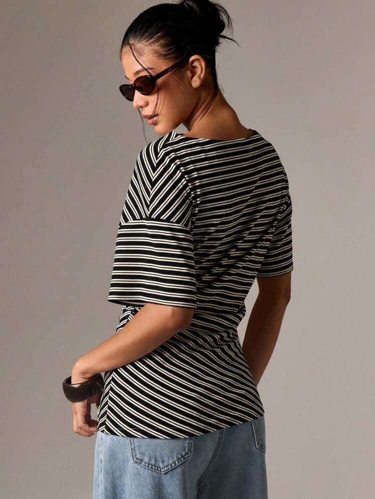 Striped Corset T Shirt With Twisted Front Design