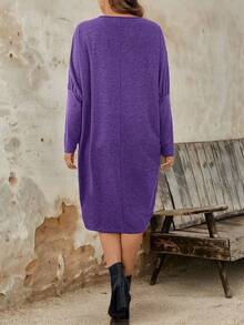 女式大码休闲修身圆领针织连衣裙 - 紫色 - 查看 2