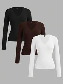 SHEIN EZwear Bộ 3 áo thun dài tay cơ bản cổ chữ V sâu ôm vừa vặn thường ngày cho nữ, thích hợp cho mùa thu/đông - Nhiều màu - Xem 10