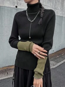 FRIFUL Women's Colorblock Turtleneck Long Sleeve Casual Sweater, Autumn/Winter - Black - View 1
