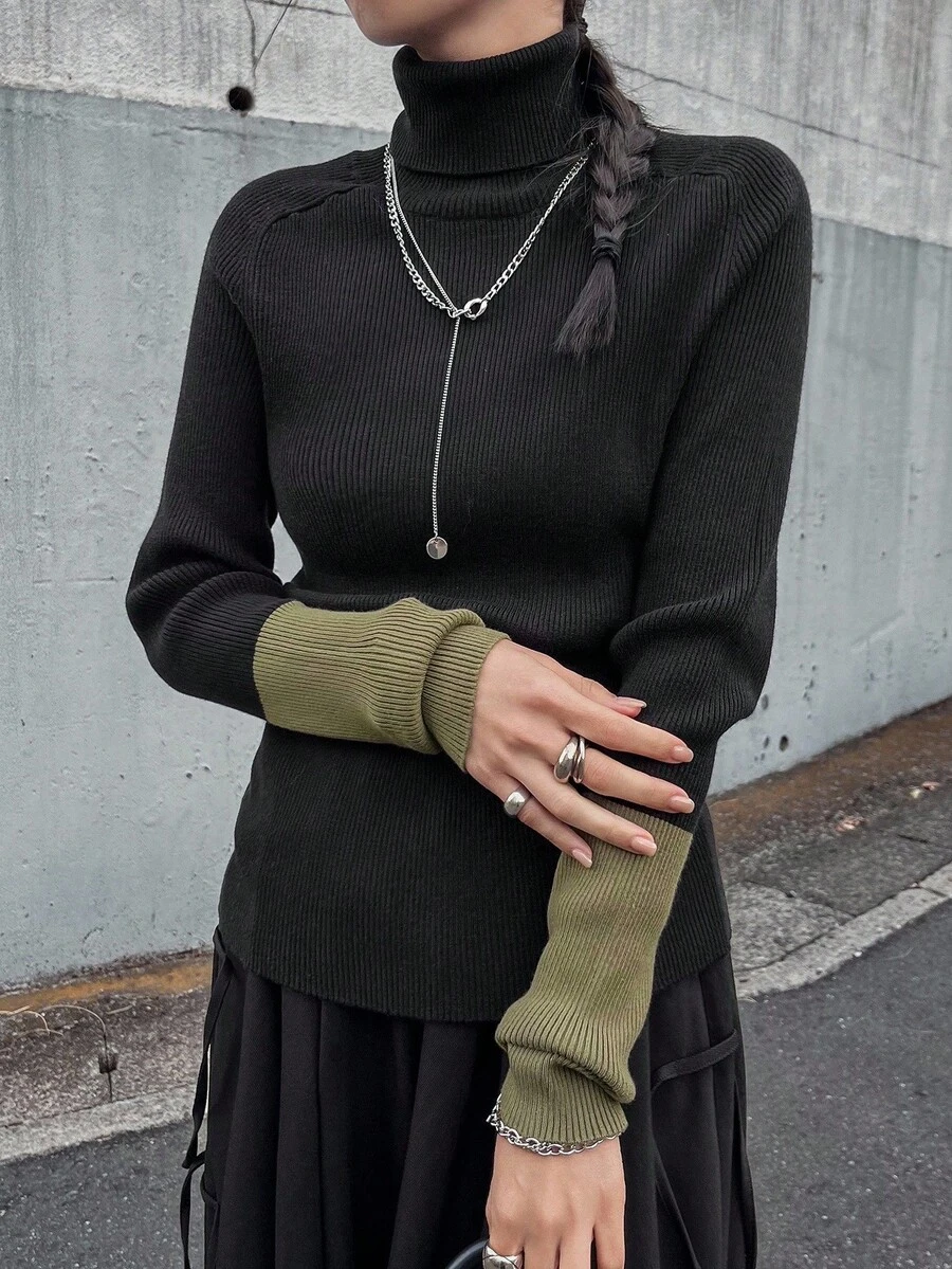 FRIFUL Women's Colorblock Turtleneck Long Sleeve Casual Sweater, Autumn/Winter - Black - View 1