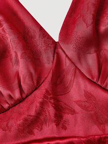 SHEIN MOD Váy dài cổ chữ V, buộc dây họa tiết hoa satin đỏ có nơ – Phong cách Baroque cổ điển, thích hợp mặc khi hẹn hò, tiệc tùng, lễ hội, sinh nhật và dạ hội - Đỏ - Xem 4