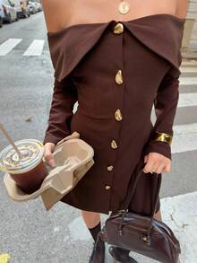 Siren Gaze Women's Solid Color Off Shoulder Long Sleeve Metal Single-Breasted Fashion Mini Dress Burgundy Winter Chic Brown Casual - Brown - View 7