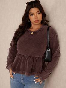 Elaquor Áo thun nữ cổ tròn tay dài, dáng rộng, viền bèo nhún cỡ lớn - màu nâu - Xem 7