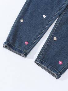 SHEIN Vintaside Kids Vacation Style Cute Casual Loose Colorful Floral Embroidered Girls Toddler Blue Denim Flare Pants