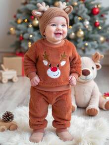 Playful Pals 幼儿男童可爱棕红色刺绣鹿绒圆领长袖上衣和羊毛裤套装，适合居家、休闲、日常穿着、角色扮演、秋冬 - 橘色 - 查看 1