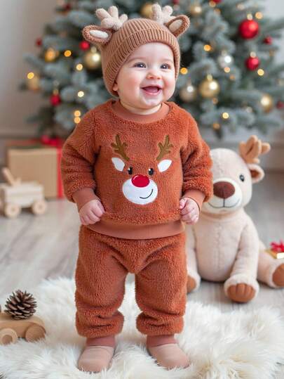 Playful Pals 幼儿男童可爱棕红色刺绣鹿绒圆领长袖上衣和羊毛裤套装，适合居家、休闲、日常穿着、角色扮演、秋冬