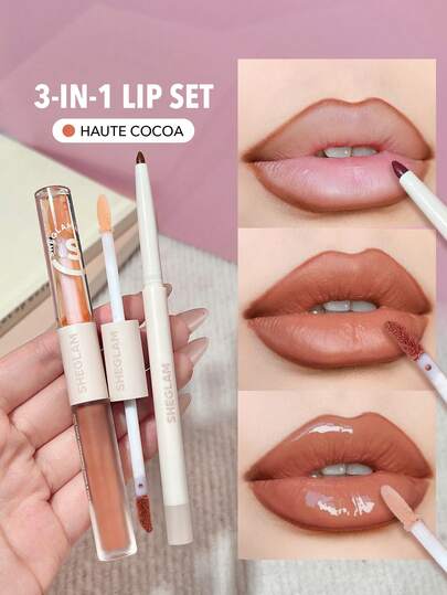SHEGLAM مجموعة أحمر الشفاه Soft 90'S Glam Lip Liner And Lip Duo Set-مجموعة أحمر الشفاه Haute Cocoa مكياج الشفاه 3 في 1 ملمع الشفاه الممتلئ مستخلصات نباتية مرطبة أحمر شفاه سائل يدوم طويلاً مكياج الشفاه Brown Liquid Lip Lipstick روج علامة تجارية جمال مكياج مستحضرات تجميل للنساء الفتيات مثالي لفصل الخريف الشتاء مثالي ل- Y2K أزياء أنيقة هدية حفلة جاهز أفضل لون