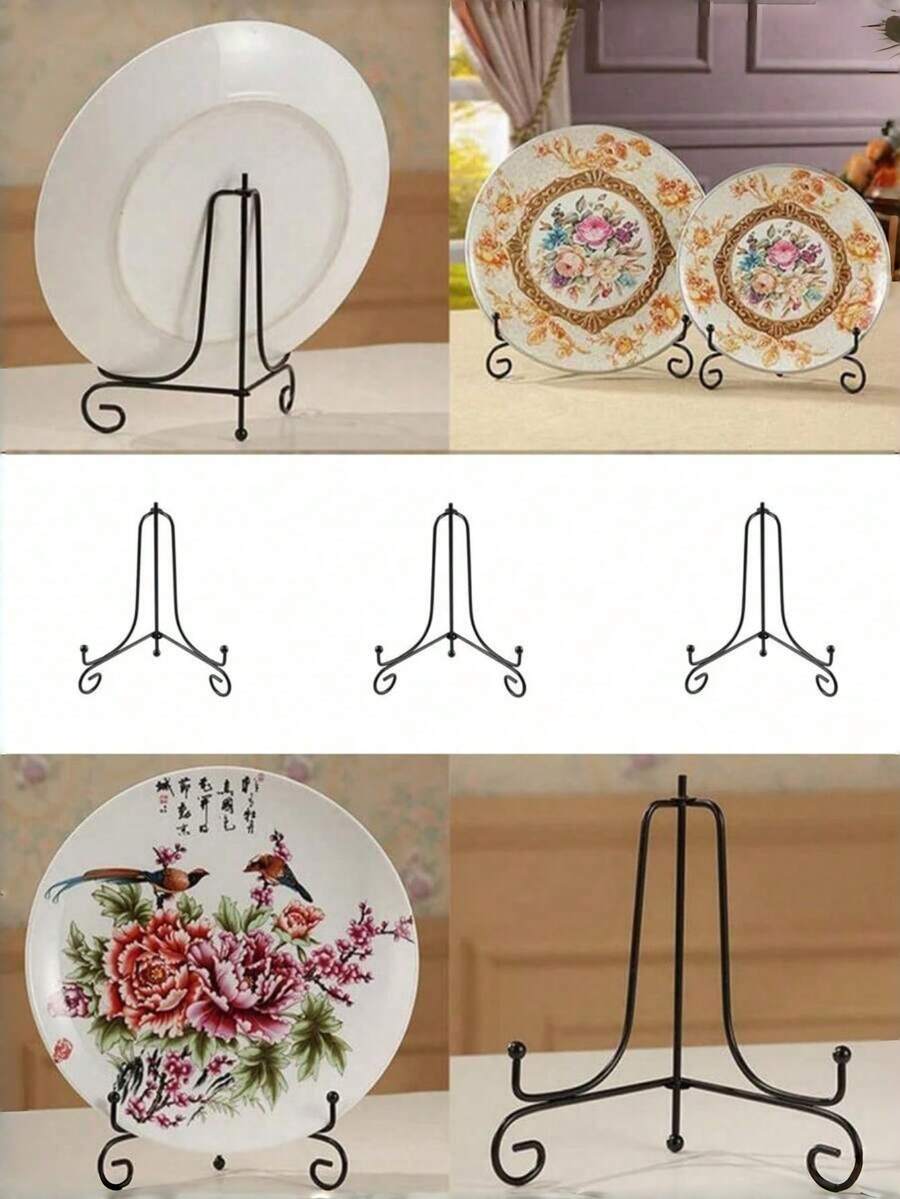 1件装工艺折叠支架书架照片底座碗相框黑色金色铁艺盘架展示画架三角形铁艺支架茶点相框盘底座 - 彩色 - 查看 1