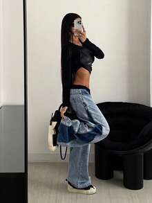 StreetHx 女式撞色口袋休闲时尚街头阔腿牛仔裤 - 藍色 - 查看 3