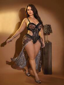 SHEIN 1pc Plus Size Lace Contrast Mesh Leopard Print Lingerie Bodysuit ClassicAnimalPrint - Multicolor - View 1