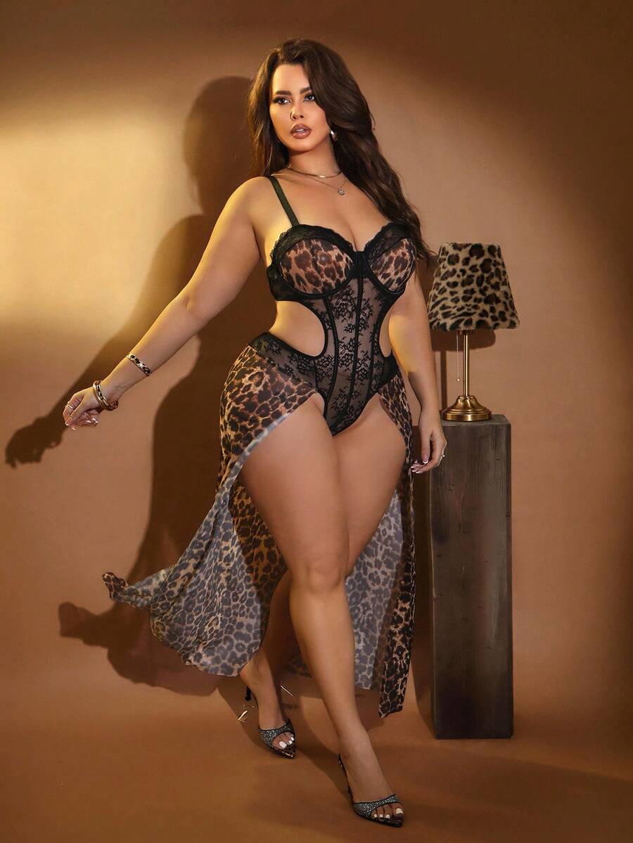 SHEIN 1pc Plus Size Lace Contrast Mesh Leopard Print Lingerie Bodysuit ClassicAnimalPrint - Multicolor - View 1