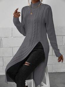 EMERY ROSE Casual Solid Color Stand Collar High Slit Sweater, Autumn/Winter - Dark Grey - View 7
