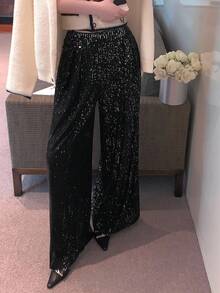 DAZY 女士优雅亮片装饰直筒裤，休闲百搭，适合新年、圣诞节、婚礼、派对、秋冬嘉年华等场合 - 黑色 - 查看 4