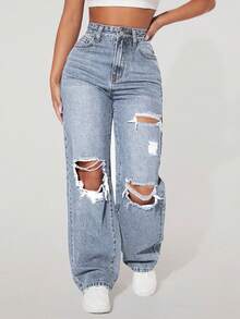 SHEIN PETITE Women's Casual Fashion Street Distressed Loose Straight Leg Jeans - Blue - View 6