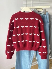 Suéter de malha com gola redonda e manga comprida com estampa de coração para meninas pré-adolescentes, suéter vermelho com coração, suéter fofo com coração para adolescentes, suéter vermelho com coração para meninas - Vermelho - Ver 2