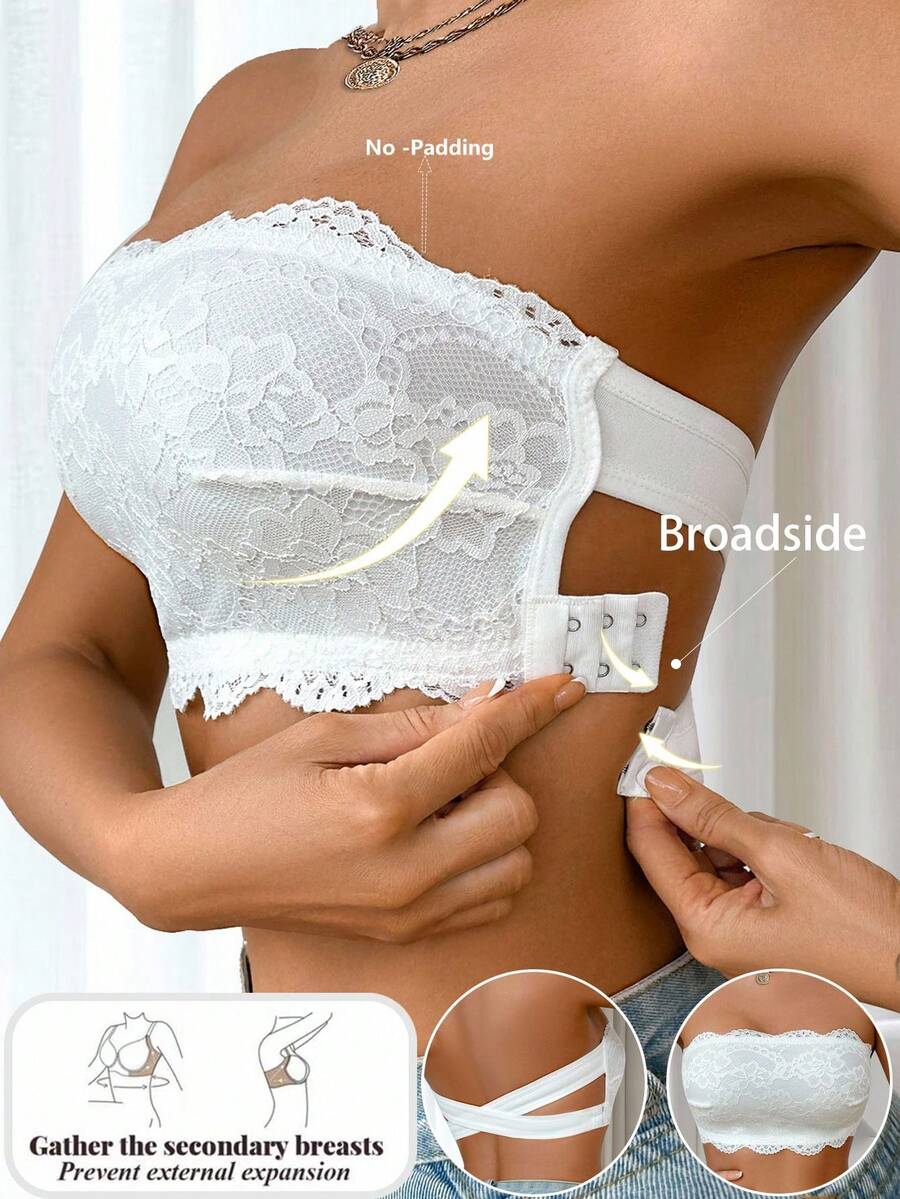 Crystal Vow 1pc Women Lace Wireless Bandeau Bra White Lace Bandeau Bra Strapless Bra Bridal Lingerie White Bandeau Bra Lace Bra - White - View 1