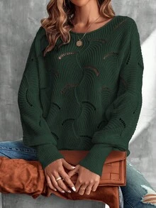 EMERY ROSE Women's Casual Asymmetric Hem Loose Knit Sweater, Autumn/Winter - Dark Green - View 5