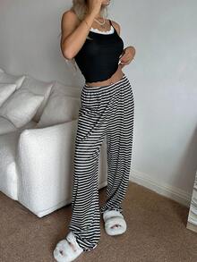 SHEIN 女士蕾丝纹理罗纹吊带背心和罗纹印花睡裤套装 - 黑色 - 查看 7