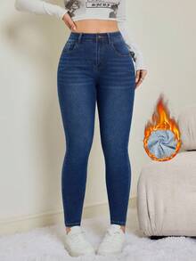 SHEIN Tall Autumn/Winter Women's Casual Warm Fitted Skinny Denim Jeans, Going Out Winter-Warm Thermal Lined Chic Comfortable Slim-Fit Blue Jeans - Dark Wash - View 5