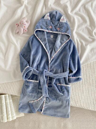 SHEIN 女童可爱兔子刺绣花卉羊毛长袍，秋冬舒适休闲家居服