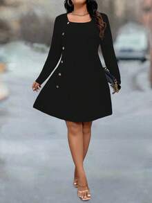 Plus Size Women Casual Everyday Commute Simple Solid Color Square Neck Button Decor Loose Dress - Black - View 4