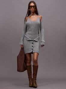 MUSERA Knit Scoop Neck Fitted Foldover Front Button Down Mini Dress With Detachable Knit Sleeves Fall Autumn Winter Night Out Going Out Streetwear Cute Back To School Sexy Uncut Evening Party Elegant  New Year - Grey - View 5