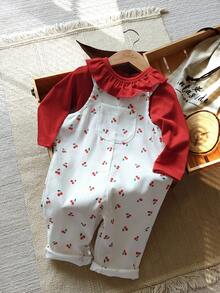 Vintaside Kids 女婴两件套包括红色圆领长袖上衣和白色工装裤，适合春秋季节。 - 紅色 - 查看 1