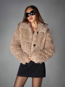 SHEIN ICON 女式都市时尚卡其色仿毛领羊毛混纺夹克，秋冬 - 卡其色 - 查看 9