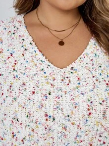 SHEIN CURVE+ Áo len chui đầu cổ chữ V nhiều màu sắc họa tiết lông xù cỡ lớn dành cho nữ, mùa thu/đông - trắng - Xem 10