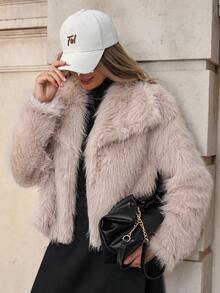 Solivie 秋冬女士优雅短款仿毛领夹克 - 卡其色 - 查看 6