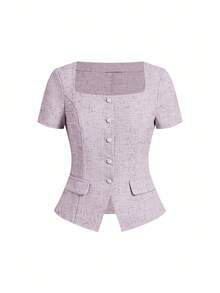 Gownix Elegant Commuter Square Neck Short Sleeve Blouse, Summer - Mauve Purple - View 7