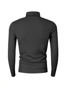Manfinity Dauomo Áo thun nam cổ lọ tay dài, dáng ôm, màu trơn - Màu xám đen - Xem 2