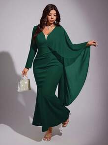 Viva Relle 大码女式优雅浪漫V领收腰鱼尾裙派对连衣裙，秋冬季 - 墨綠色 - 查看 5