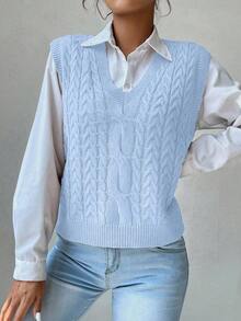 SHEIN Unity Women's Autumn Simple Solid Color Cable Knit V-Neck Sweater Vest - Baby Blue - View 3
