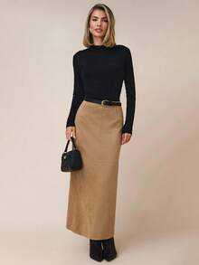 COSMINA 女士纯色半身裙，适合通勤 - 棕色 - 查看 5