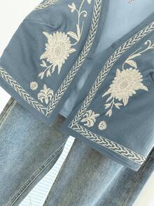 Franclia 女式花卉刺绣前开轻便背心夹克 - 藍色 - 查看 4