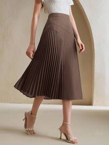 Anewsta 女士商务半身裙，简约百褶设计，优雅气质，秋季 - 咖啡棕 - 查看 2