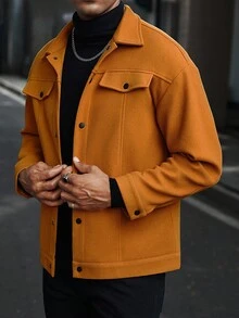 Manfinity CasualCool Men's Solid Color Single-Breasted Casual Long Sleeve Overcoat, Autumn/Winter - Orange - View 5